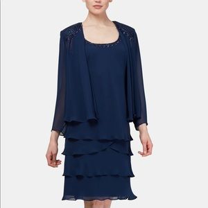 Women’s Formal Dress Size 18 Embellished Tiered-Hem 2pc Dress & Jacket Navy SLNY